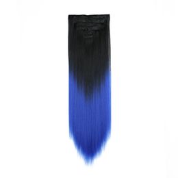 Ombre Straight Hair Blue Clip in Hair Extensions Blue Silk Straight Wave  7Pcs Thick Double Weft Full Head Synthetic Hairpiece