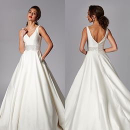 Newest A Line Grace Philips Dresses V Neck Sleeveless Satin Ruched Crystal Wedding Gown Sweep Train robe de mariée