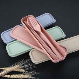 Portable Plastic Tableware Plastic Spoon Fork Chopsticks Set New Design Eco-friendly 4 Colours Reusable Wheat Straw Plastic Cutlery LX1245