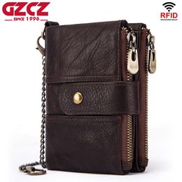 Men's RFID Blocking Genuine Leather Trifold Zip-around Wallet with Double Zipper & Chain Buckle Elegant Gift