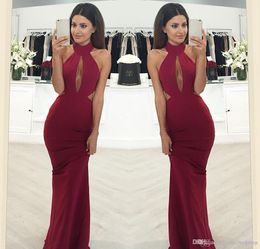 2019 Sexy Halter Mermaid Prom Dress Dark Red Sleeveless Graduation Evening Party Gown Custom Made Plus Size