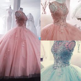 2020 Lace Beaded Crystal Prom Quinceanera Dresses Jewel Sheer Cap Sleeve Ball Gown Tulle Sweet 16 Dress Graduation Homecoming Gowns Long