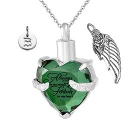 Angel Wings and 26 letters Pendant Memorial Ashes Urn Pendant May Birthstone Keepsake Cremation Ashes Urn Jewelry