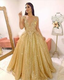 Gold Lace Beaded Sexy Quinceanera Prom Dresses Sequined Ball Gown Deep V-neck Evening Party Sweet 16 Dress ZJ114