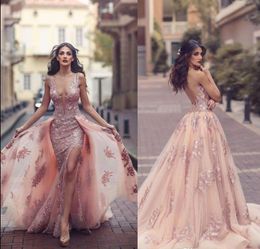 Saudi Arabic Over skirt Mermaid Evening Dresses 2017 Top Quality Sheer Backless V Neck Appliques with Capes Long Prom Party Split Gowns