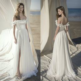 Vintage Wedding Dresses Sexy Off-shoulder Sleeveless Backless A-line Boho Bridal Dress High-split Satin Sweep Train Beach Robes De Mariée