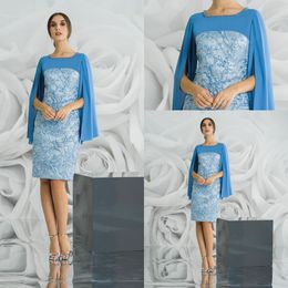 Elegant Blue Mother Of The Bride Dresses Jewel Neck Sheath Knee Length Wedding Guest Gowns Beaded Long Sleeve Formal Mother Dress