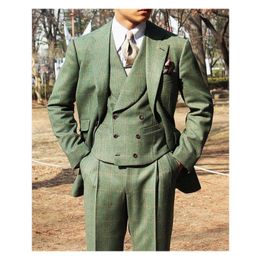 Green Plaid Groom Suits Slim Fit Wool Wedding Tuxedos Notch Lapel Groomsmen Men Blazer Prom Tuxedos (Jacket+Pants+Vest+Tie)