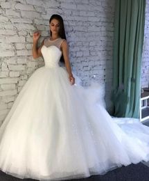 2019 New Puffy Ball Gown Wedding Dresses Sheer Jewel Neck Sleeveless Sequins Top Tulle Court Train Sexy Back Plus Size Formal Bridal Gown