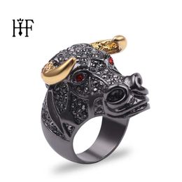 Animal Bull Head Ring Men Black Gold Colour Micro Pave Rhinestone Hip Hop Rings for Mens Jewellery Rapper Rock Zodiac Ring Men