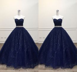 2019 Navy Blue Tulle Prom Dresses Simple Ball Gowns For Sweet 16 Girls Strapless Beaded Sashes bling Tulle Evening Gowns Quinceanera Dress