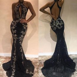 2019 Sexy Black Sequins Mermaid Prom Dresses Lace Applique Backless Sequins Long Formal Occasion Wear Evening Party Gowns Custom Made