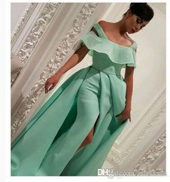 Nigerian African Mint Green Sheath Evening Dresses Off Shoulder Beads Sequined Formal Dresses Evening Wear Satin Arabic Prom Gowns Vestidos