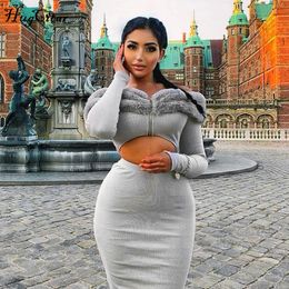 long sleeve slash neck sexy crop tops skirt 2 pieces set fur zippers autumn winter women party elegant outfits