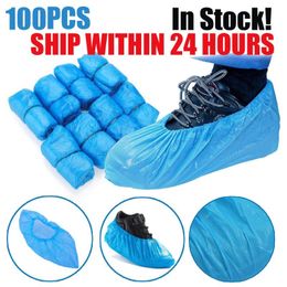 100Pcs Disposable Plastic Disposable Shoe Covers Outdoor Rainy Day Carpet Cleaning Shoe Cover Anti Slip Blue waterproof shoe covers