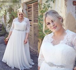Plus Size Wedding Dresses Scalloped V Neck Lace Chiffon Crystal Beaded Chiffon Floor Length 3 4 Long Sleeves Wedding Gown vestido 269h