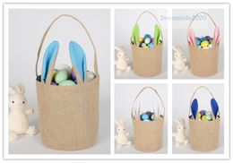 Jute Easter Bunny Tote,Cute Easter Rabbit Basket Round Canvas Gift bag cartoon cute Bunny tails bucket Put Easter rabbit DIY pail buckets
