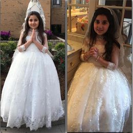 Lace White Flower Girl Dress Crystals High Neck See Though Sleeves Ball Gown Kids Formal Wear for Party Birthday Dress Custom Size