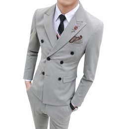 Brand New Light Grey Groom Tuxedos Double-Breasted Groomsmen Wedding Dress Excellent Man Jacket Blazer 3 Piece Suit(Jacket+Pants+Vest+Tie)58