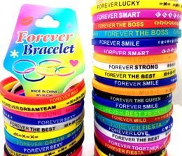 Bulk lots 100pcs Top Design Colourful Charm FOREVER Silicone Bracelets Rubber Sports Wristands Men Women Toys Bangles Birthday Xmas GIFT