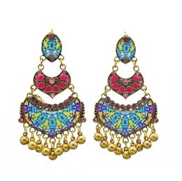 Indian Retro Style Gold with Beads Tassel Flower Glass Drop Dangle Earrings for Woman Charm Jewelry