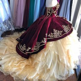New Burgundy and Champagne Velvet Quinceanera Dresses Off the Shoulder Puffy Ruffles Sweet 15 Dress Embroidery Long Prom Gowns