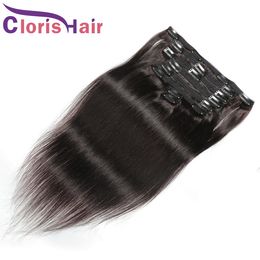 Silky Straight Clip In Extensions #2 Real Human Hair Peruvian Virgin Colored Weave Clip Ins 8pcs/set 120g Darkest Brown Clips On Extension