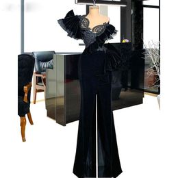 Black Front Split Mermaid Prom Dresses Jewel Neck Beading Arabic Evening Dress vestidos de fiesta de noche Velvet Party Gowns