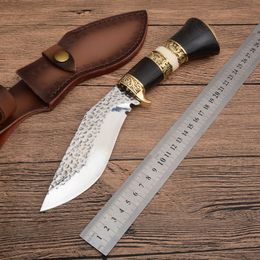 1Pcs New Hand Made Fixed Blade Hunting Knife 7Cr17 Satin Drop Point Blade Ebony + Brass Handle With Leather Sheath