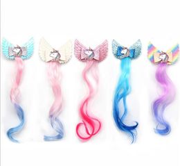 5-color 3.5 Inch Bows Rainbow Unicorn with Long Wig Clips Christmas Brillant Hair Bows Girls Hair Accessory Barrettes