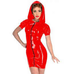 12 Colors Gothic Hooded PVC Mini Dress Sexy Zipper Front Bodycon Dress Women Witch Cosplay Costume Novelty Short Sleeves Vestido