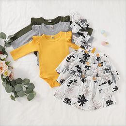 Girls Clothes Kids Floral Flowers Clothing Sets Baby Ruffle Rompers Skirt Headband Outfits INS Solid Jumpsuit TUTU Skirts Hairband Set B6785