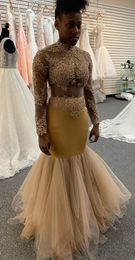 Aso Ebi Arabic Gold Lace Beaded Evening Dresses Memraid Sexy Prom Dresses Vintage Formal Party Second Reception Gowns