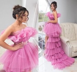 2020 Hot Pink Prom Dresses Ruffles Hight Low Asymmetrical Tulle Sweep Train Sash A Line Custom Made Evening Party Gown Formal Ocn Wear 401 401