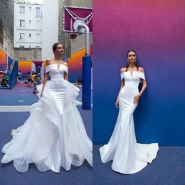 mermaid wedding dresses satin vneck with detachable train bridal dress sweep train custom made vestidos de novia