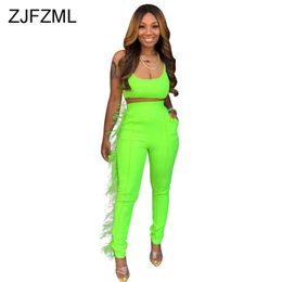 Neon Green Feather Spliced Two Piece Set Women Spaghetti Strap Backless Crop Top And Bodycon Pants Sweatsuits 2Pcs Club Outfits