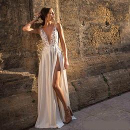 Berta Bohemian Lace Wedding Dresses Appliqued A-Line Deep V Neck Split Side Bridal Gowns Vestido De Novia Satin Wedding Dress