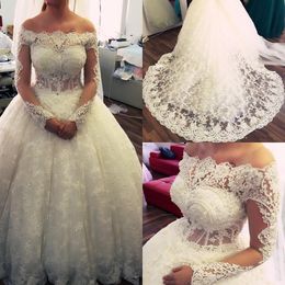 Off Shoulder Long Sleeve Ball Gown Wedding Dresses Bridal Dresses Beaded Crystals Vestidos De Noiva Wedding Gowns Robe De Mariage