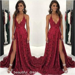 Deep V Neck Prom Dresses 2018 Sleeveless Full Lace Appliques Formal High Split burgundy spaghetti Evening Dresses Custom Made ED1154