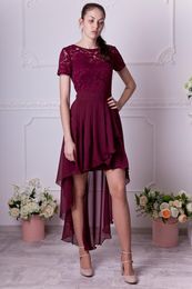 2019 Burgundy Hi Lo Lace Chiffon A-line Short Modest Bridesmaid Dresses With Short Sleeves Short Front Long Back Rustic Informal Wed Pary