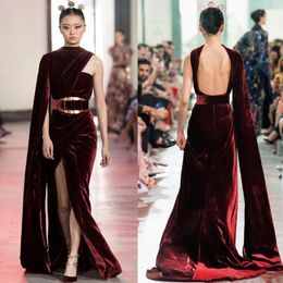 Elie Saab Velvet Evening Dresses 2020 One Shoulder High Split Formal Long Prom Gowns Sexy Mermaid Custom Runway Fashion Dress