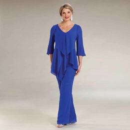 Blue Two Pieces Mother Of The Bride Pant Suits Long Sleeves V Neck Wedding Guest Dress Plus Size Chiffon Mothers Groom Dresses