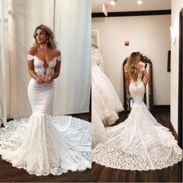 2022 Elegant Full Lace Mermaid Wedding Dresses Sexy Sheer Backless With Buttons Off the Shoulder Long Train Bride Wedding Gowns BC176I