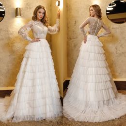 Fabulous Lace Tiered Wedding Dresses Sheer Bateau Neck Long Sleeves Bridal Gowns A Line Sweep Train Tulle robe de mariée
