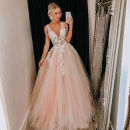 Sexy Deep V Neck A Line Wedding Dresses Lace Appliqued Wedding Bridal Gowns 2020 Blush Pink Cheap Summer Beach Wedding Gowns