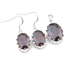 LuckyShine Luxury Royal Red Garnet Oval Drop Earring and Pendants Set Silver Latest beautiful Jewelry