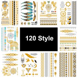 120 style Sun Moon Star Temporary Tattoo Women Party Body Arm Art Fake Flash Tatoos Gold Metallic Tattoo Stickers Girl Bracelet Wrist