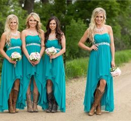 2020 Cheap Sexy Teal Country Bridesmaid Dresses A Line Sweetheart Crystal Belt Chiffon High Low Bridesmaids Dresses for Wedding Guest Gowns