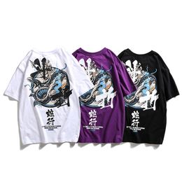 -Mens японский стиль Негабаритные Футболки Streetwear Samurai Печать с коротким рукавом Harajuku Hip Hop хлопка Топы Тис