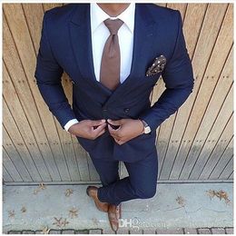 High Quality Double Breasted Navy Blue Groom Tuxedos Groomsmen Peak Lapel Best Man Blazer Mens Wedding Suits (Jacket+Pants+Tie) D:29